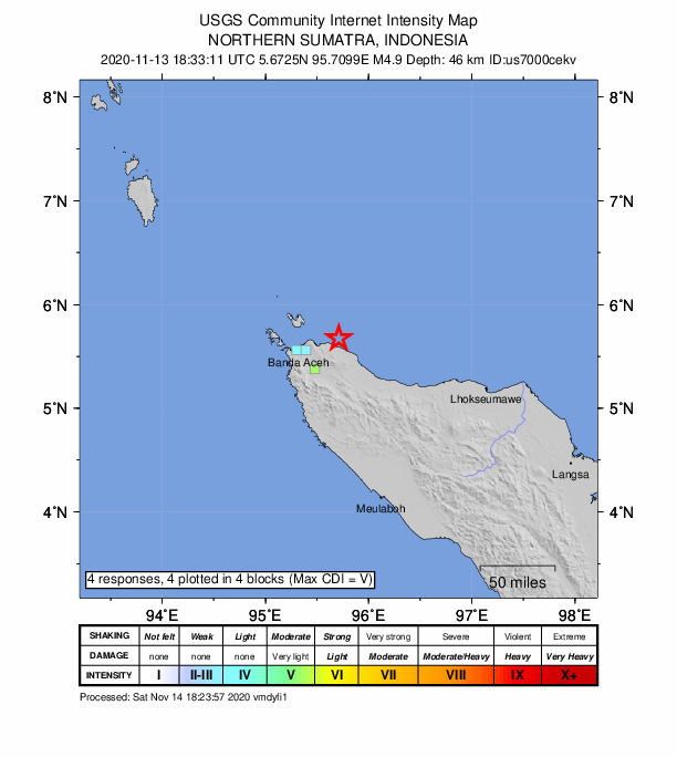 USGS DYFI community-reported intensity map for the M5.1 earthquake near 29 km ESE of Sabang, Indonesia