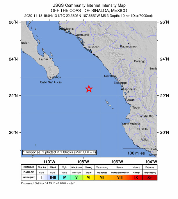 USGS DYFI community-reported intensity map for the M5.3 earthquake near 171 km WSW of Mazatlán, Mexico
