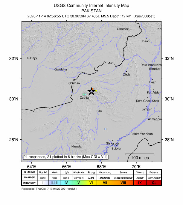 USGS DYFI community-reported intensity map for the M5.5 earthquake near 16 km SSW of Alik Ghund, Pakistan