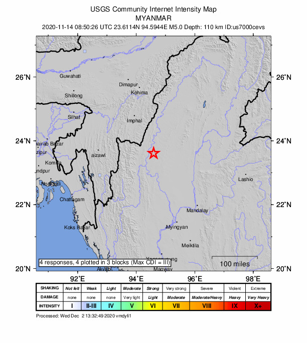USGS DYFI community-reported intensity map for the M5.0 earthquake near 22 km E of Mawlaik, Myanmar