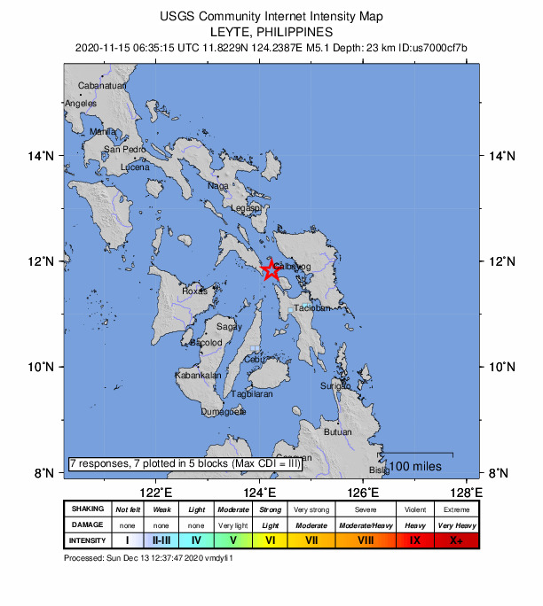 USGS DYFI community-reported intensity map for the M5.0 earthquake near 21 km ESE of Limbuhan, Philippines