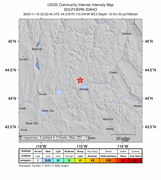 USGS DYFI community-reported intensity map for the M3.5 earthquake near 15 km NNW of Stanley, Idaho