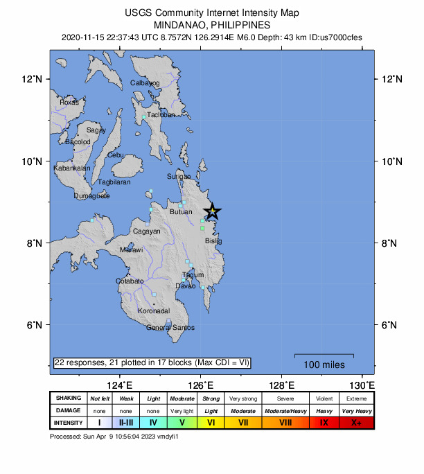 USGS DYFI community-reported intensity map for the M6.0 earthquake near 5 km S of Marihatag, Philippines