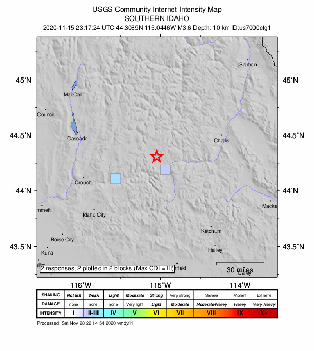 USGS DYFI community-reported intensity map for the M3.6 earthquake near 13 km NW of Stanley, Idaho