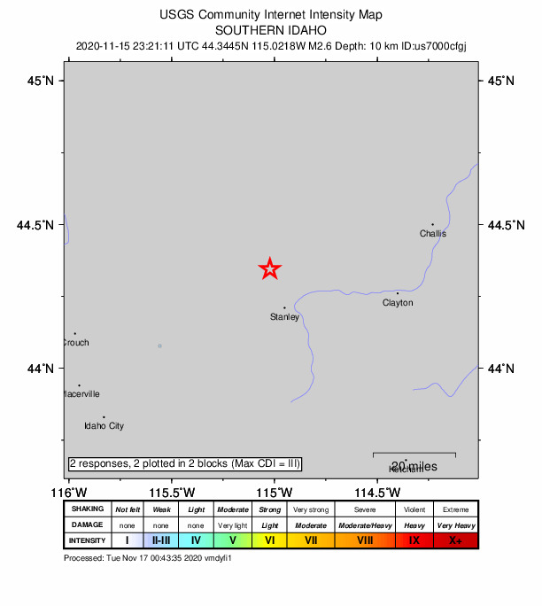 USGS DYFI community-reported intensity map for the M2.6 earthquake near 16 km NNW of Stanley, Idaho