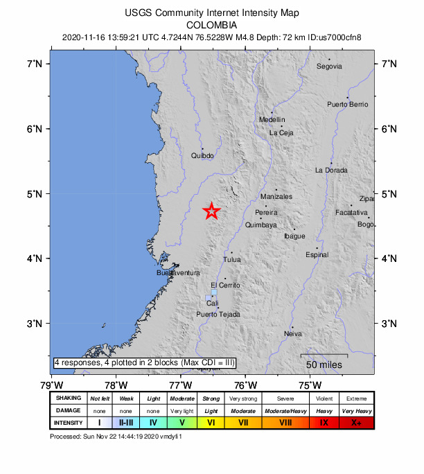 USGS DYFI community-reported intensity map for the M4.8 earthquake near 15 km ENE of Sipí, Colombia