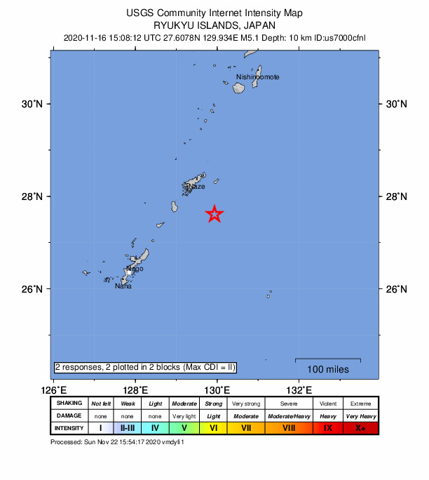 USGS DYFI community-reported intensity map for the M5.1 earthquake near 95 km SSE of Naze, Japan