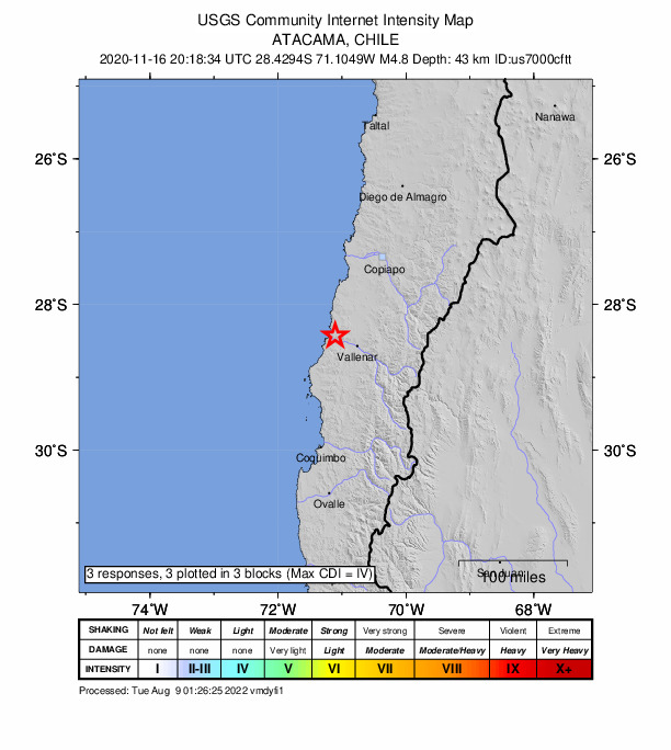 USGS DYFI community-reported intensity map for the M4.8 earthquake near 37 km WNW of Vallenar, Chile