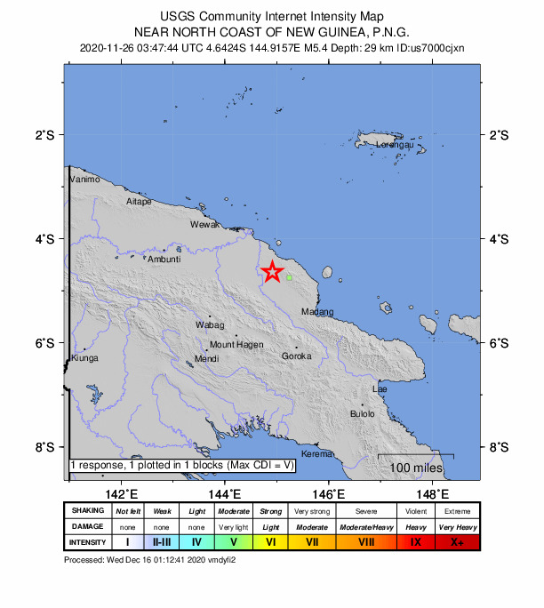 USGS DYFI community-reported intensity map for the M5.4 earthquake near 114 km SE of Angoram, Papua New Guinea