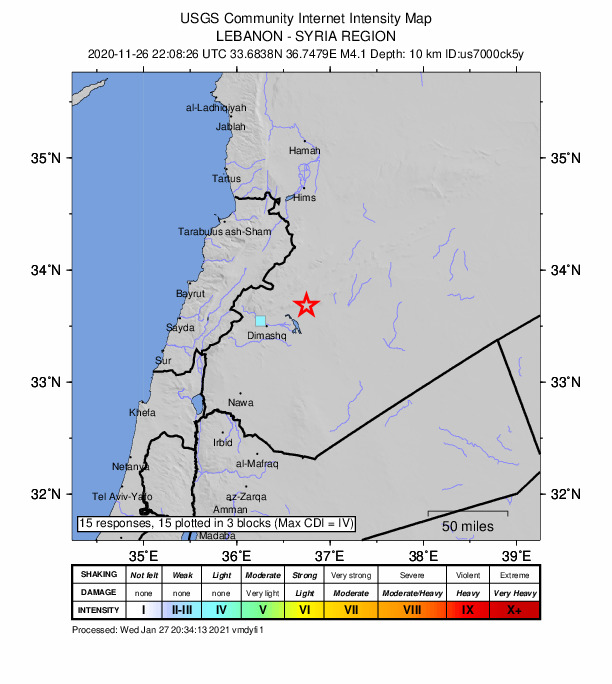 USGS DYFI community-reported intensity map for the M4.1 earthquake near 13 km S of Jayr?d, Syria