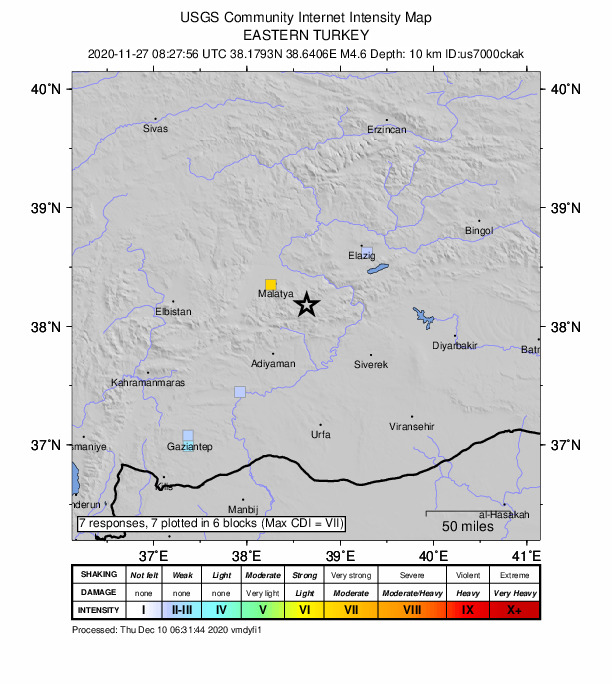 USGS DYFI community-reported intensity map for the M4.6 earthquake near 16 km N of Sincik, Turkey