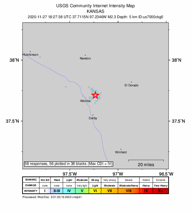 USGS DYFI community-reported intensity map for the M2.3 earthquake near 3 km NE of Eastborough, Kansas