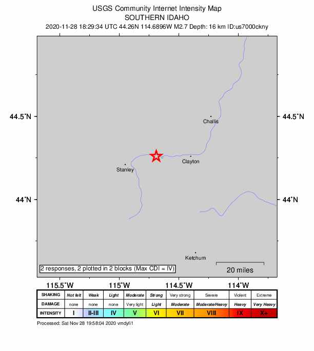 USGS DYFI community-reported intensity map for the M2.7 earthquake near 19 km E of Stanley, Idaho