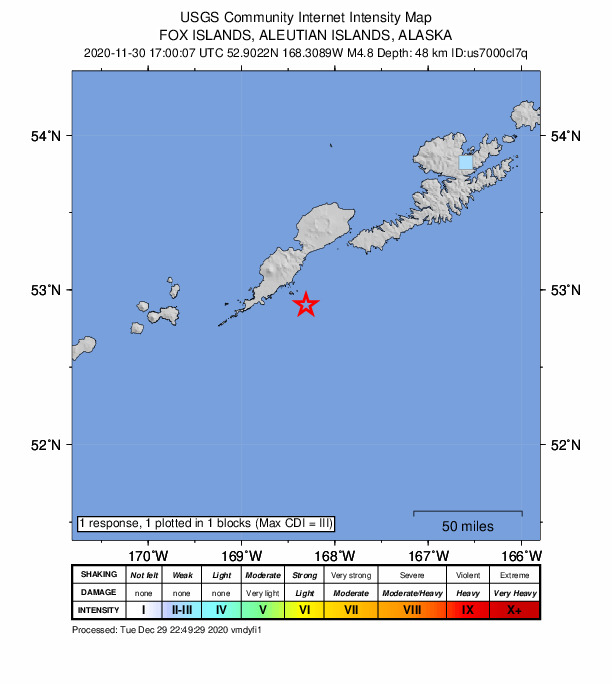USGS DYFI community-reported intensity map for the M4.8 earthquake near 37 km E of Nikolski, Alaska