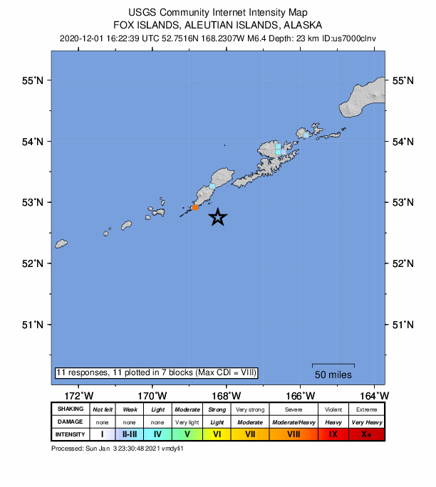 USGS DYFI community-reported intensity map for the M6.4 earthquake near 46 km ESE of Nikolski, Alaska