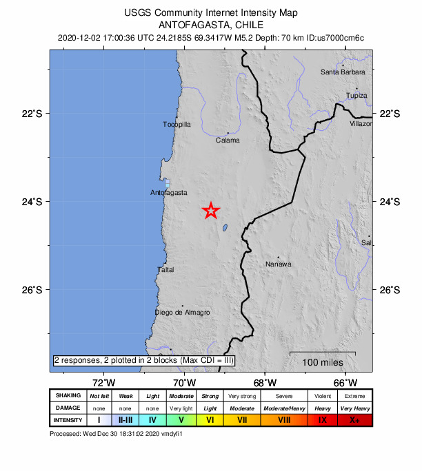 USGS DYFI community-reported intensity map for the M5.2 earthquake near 125 km ESE of Antofagasta, Chile