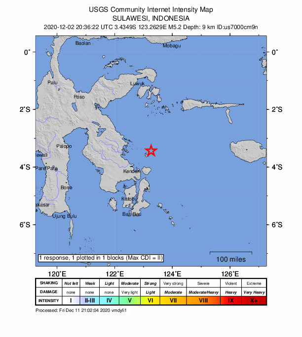 USGS DYFI community-reported intensity map for the M5.2 earthquake near 102 km NE of Kendari, Indonesia