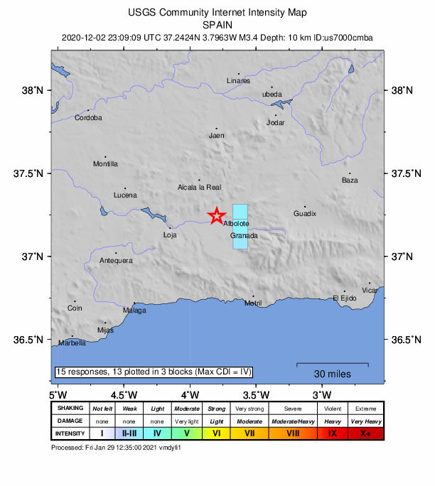 USGS DYFI community-reported intensity map for the M3.4 earthquake near Spain