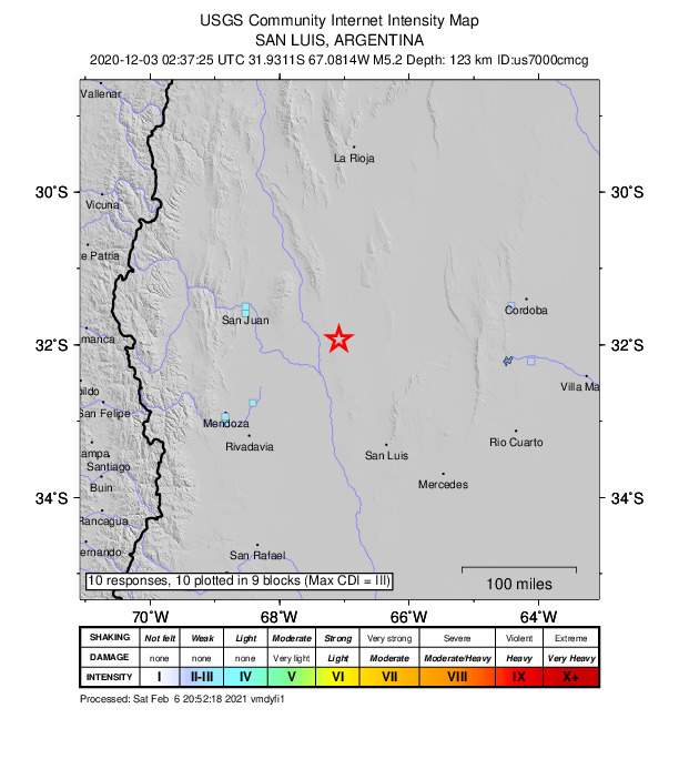 USGS DYFI community-reported intensity map for the M5.2 earthquake near 104 km NW of Villa General Roca, Argentina