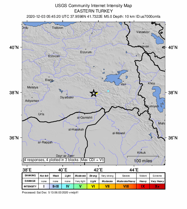 USGS DYFI community-reported intensity map for the M5.0 earthquake near 2 km NNE of Kurtalan, Turkey