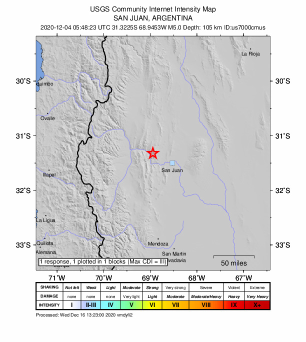 USGS DYFI community-reported intensity map for the M5.0 earthquake near 32 km NW of Villa Basilio Nievas, Argentina