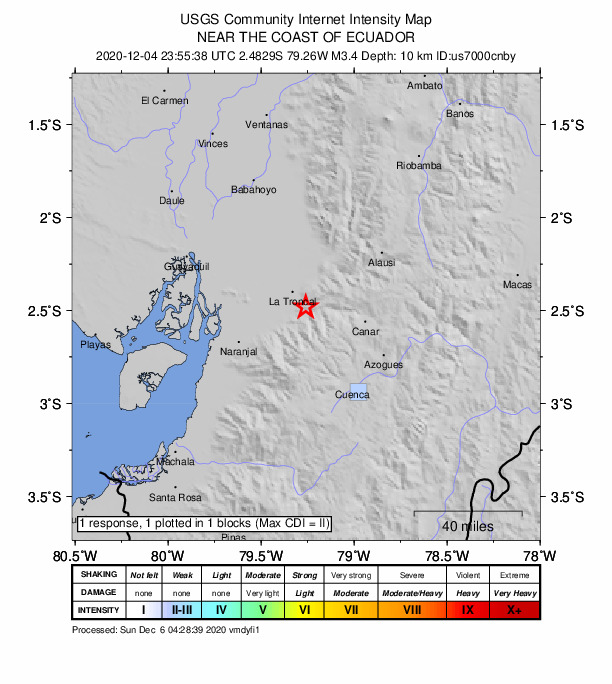 USGS DYFI community-reported intensity map for the M3.9 earthquake near 16 km SSE of La Troncal, Ecuador