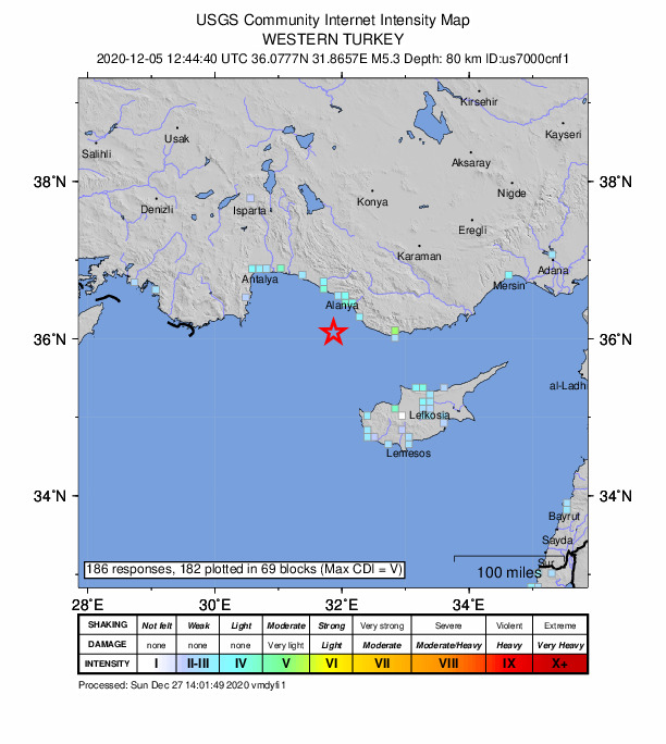 USGS DYFI community-reported intensity map for the M5.3 earthquake near 45 km WSW of Gazipa?a, Turkey