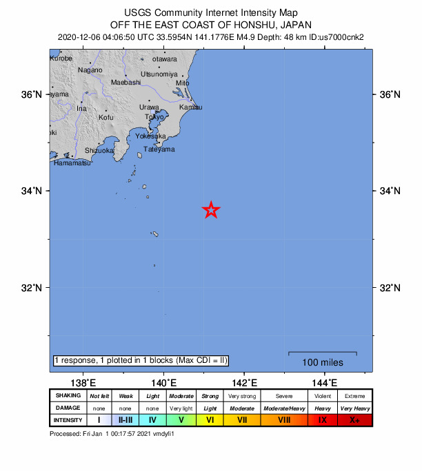 USGS DYFI community-reported intensity map for the M4.9 earthquake near 190 km SSE of Katsuura, Japan