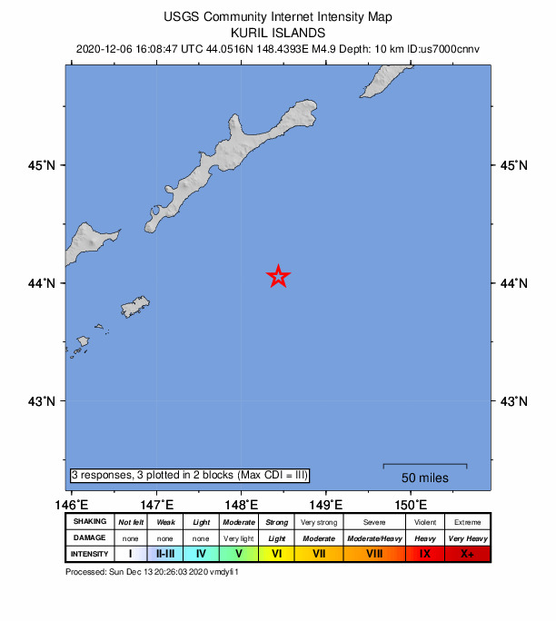 USGS DYFI community-reported intensity map for the M4.9 earthquake near 137 km SSE of Kuril’sk, Russia