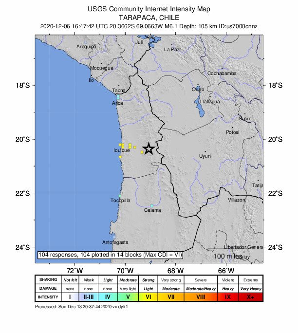 USGS DYFI community-reported intensity map for the M6.1 earthquake near 115 km E of Iquique, Chile