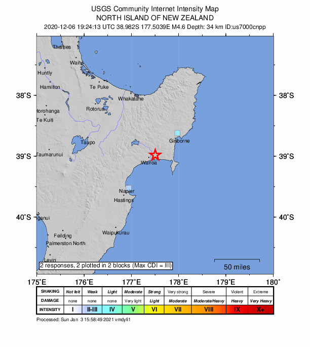USGS DYFI community-reported intensity map for the M4.6 earthquake near 13 km ENE of Wairoa, New Zealand