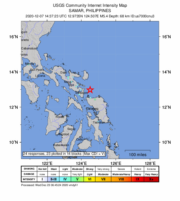 USGS DYFI community-reported intensity map for the M5.4 earthquake near 36 km NNE of Biri, Philippines