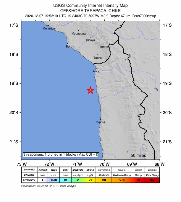 USGS DYFI community-reported intensity map for the M3.9 earthquake near 87 km SSW of Arica, Chile