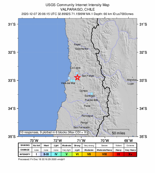 USGS DYFI community-reported intensity map for the M4.1 earthquake near 9 km E of Quillota, Chile