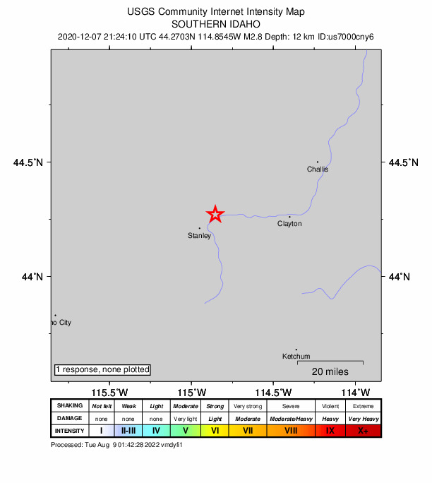 USGS DYFI community-reported intensity map for the M2.8 earthquake near southern Idaho