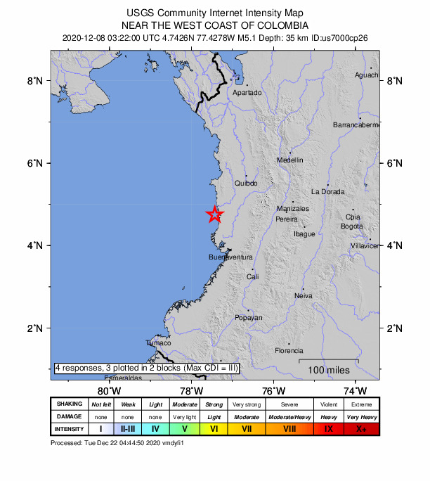 USGS DYFI community-reported intensity map for the M5.1 earthquake near 22 km SSW of Pizarro, Colombia