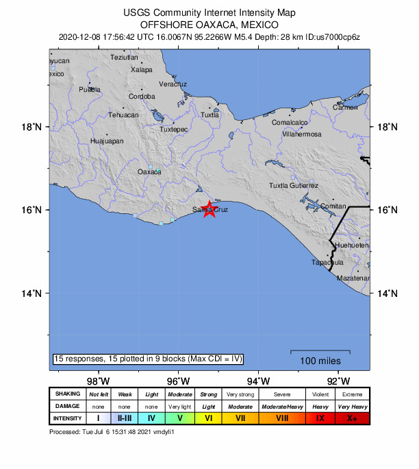 USGS DYFI community-reported intensity map for the M5.4 earthquake near 18 km ESE of El Carrizal, Mexico