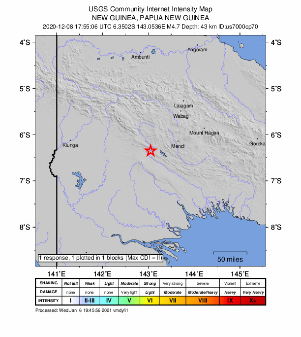 USGS DYFI community-reported intensity map for the M4.8 earthquake near 56 km S of Tari, Papua New Guinea