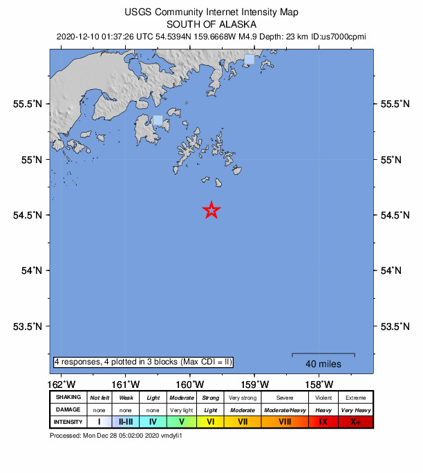 USGS DYFI community-reported intensity map for the M4.9 earthquake near 103 km SSE of Sand Point, Alaska