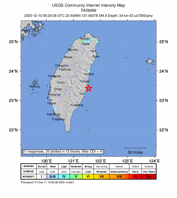 USGS DYFI community-reported intensity map for the M4.9 earthquake near Taiwan