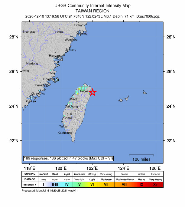 USGS DYFI community-reported intensity map for the M6.1 earthquake near 27 km E of Yilan, Taiwan