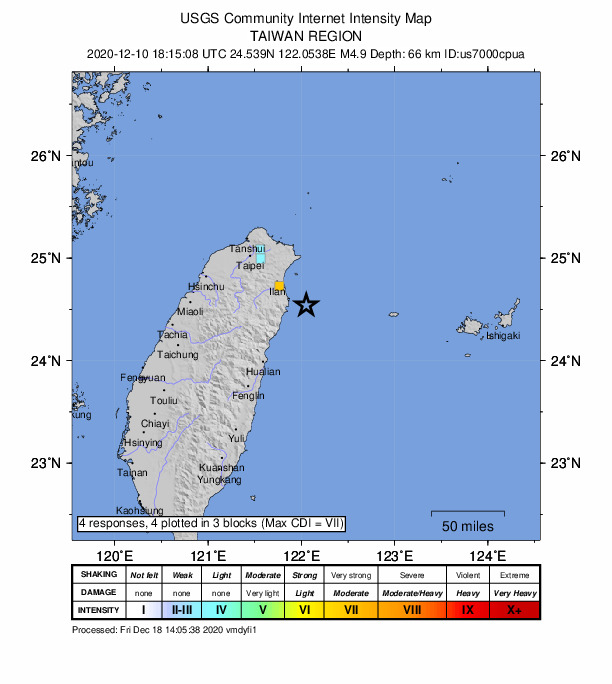USGS DYFI community-reported intensity map for the M4.9 earthquake near 38 km SE of Yilan, Taiwan