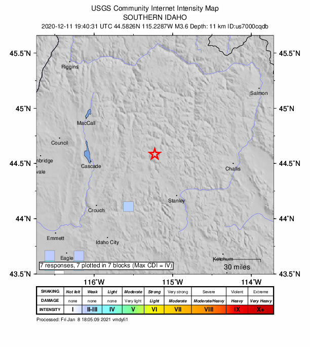 USGS DYFI community-reported intensity map for the M3.6 earthquake near 46 km NNW of Stanley, Idaho