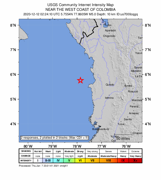 USGS DYFI community-reported intensity map for the M5.0 earthquake near 65 km W of Nuquí, Colombia