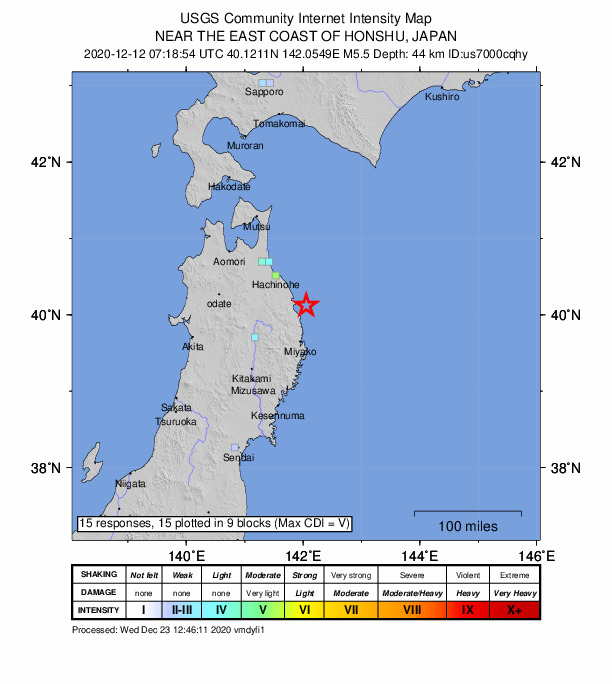 USGS DYFI community-reported intensity map for the M5.5 earthquake near 53 km N of Miyako, Japan