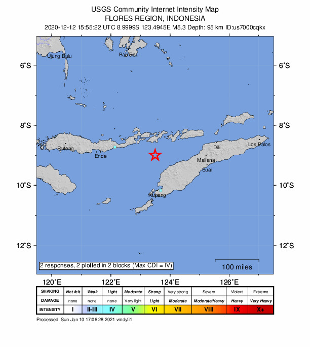 USGS DYFI community-reported intensity map for the M5.3 earthquake near 72 km NNW of Naisano Dua, Indonesia