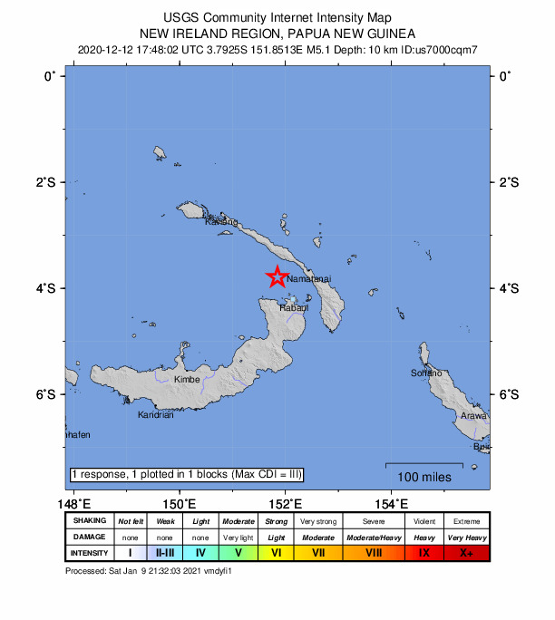 USGS DYFI community-reported intensity map for the M5.1 earthquake near 56 km NW of Rabaul, Papua New Guinea