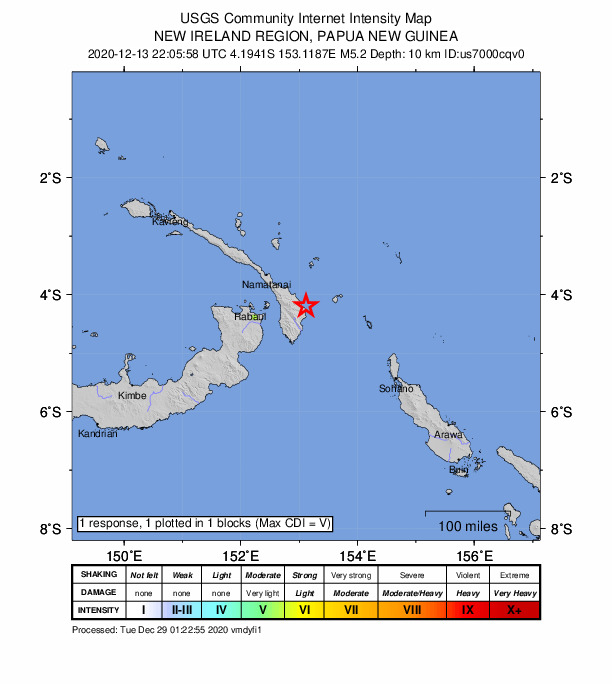 USGS DYFI community-reported intensity map for the M5.2 earthquake near 95 km E of Kokopo, Papua New Guinea