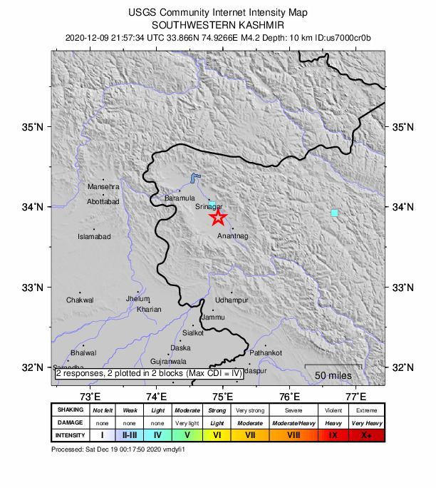 USGS DYFI community-reported intensity map for the M4.2 earthquake near 2 km ESE of Pulwama, India