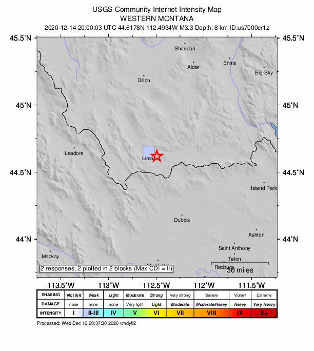 USGS DYFI community-reported intensity map for the M3.3 earthquake near 8 km ESE of Lima, Montana